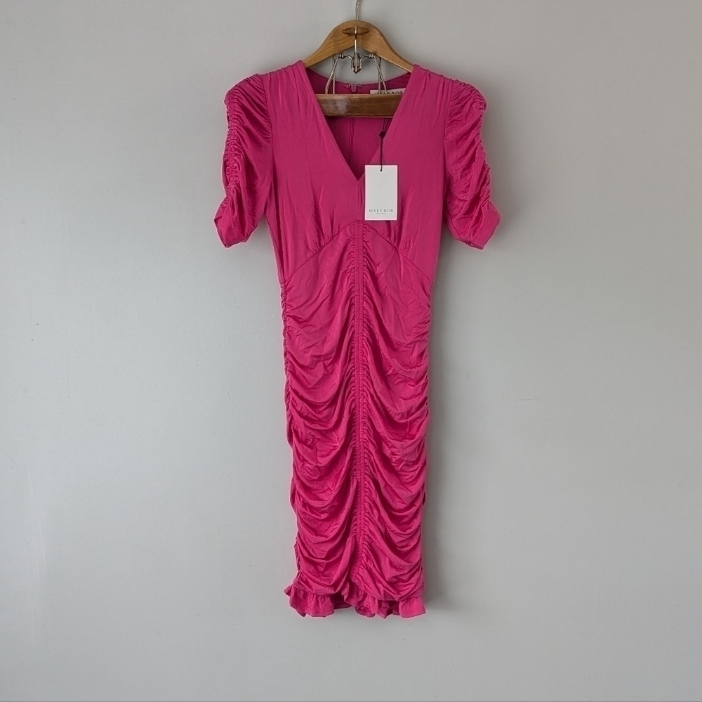 Hale Bob Dress Women's XS Pink Raspberry Bronwen Solid Jersey Shirred NEW